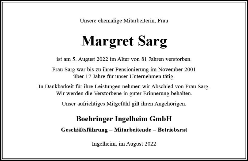  Traueranzeige für Margret Sarg vom 26.08.2022 aus vrm-trauer Allgemeine  Zeitung Ingelheim-Bingen