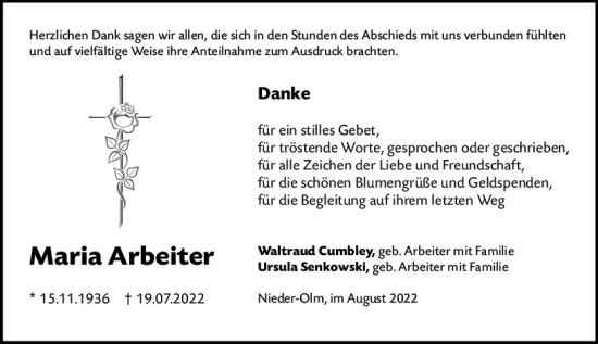 Traueranzeige von Maria Arbeiter von vrm-trauer AZ Mainz