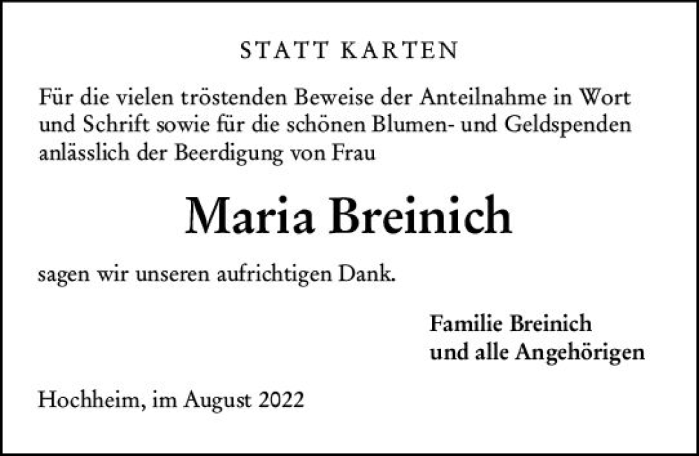  Traueranzeige für Maria Breinich vom 05.08.2022 aus vrm-trauer Hochheimer Zeitung