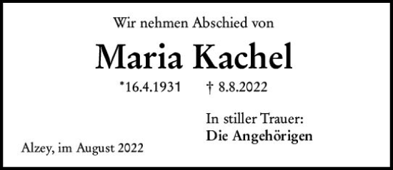 Traueranzeige von Maria Kachel von vrm-trauer Allgemeine Zeitung Alzey