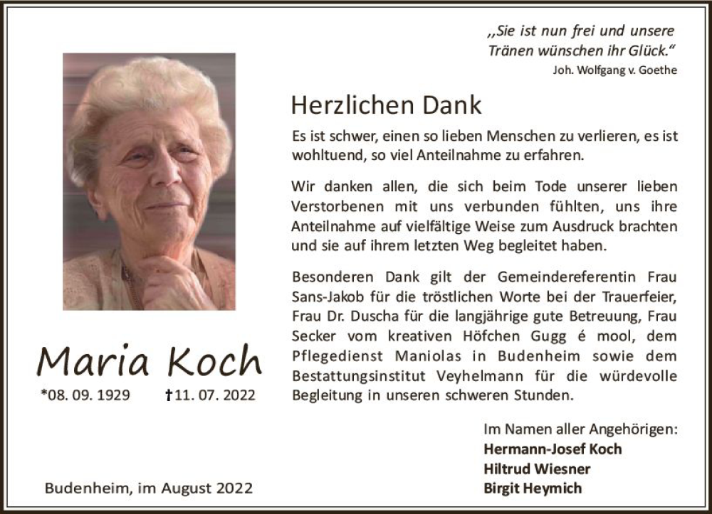  Traueranzeige für Maria Koch vom 06.08.2022 aus vrm-trauer AZ Mainz