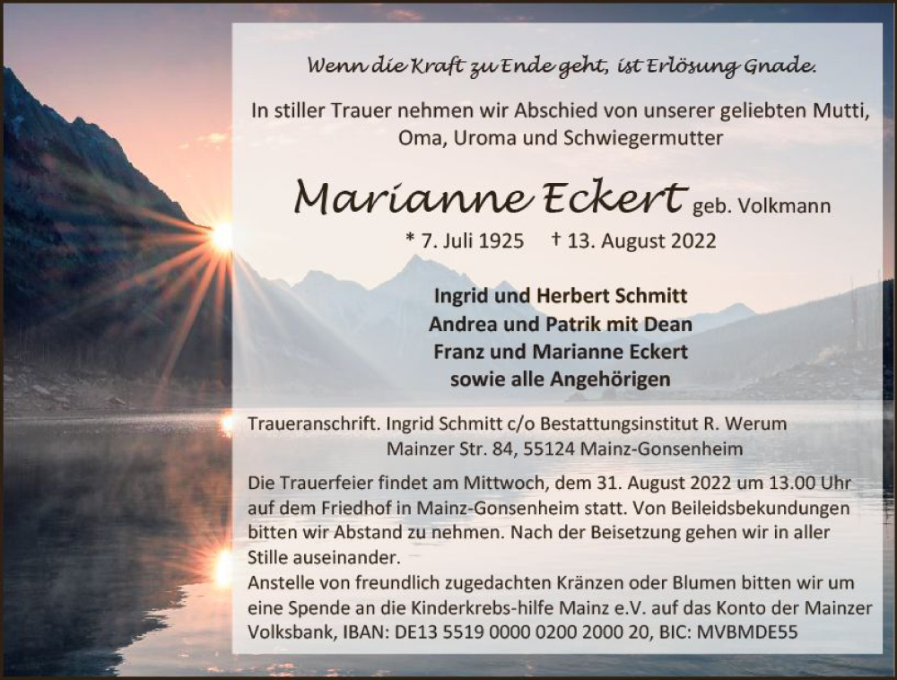  Traueranzeige für Marianne Eckert vom 27.08.2022 aus vrm-trauer AZ Mainz