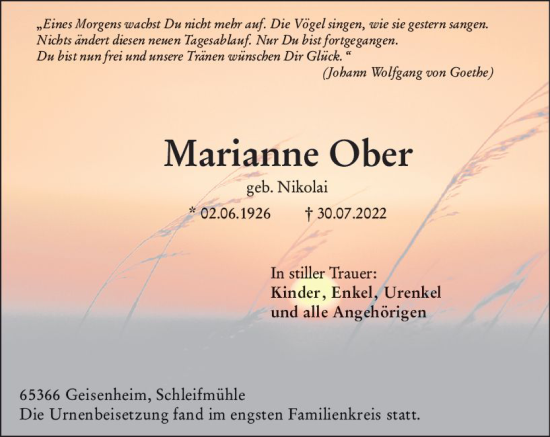 Traueranzeige von Marianne Ober von vrm-trauer Rheingau
