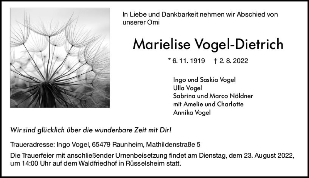  Traueranzeige für Marielise Vogel-Dietrich vom 13.08.2022 aus vrm-trauer Rüsselsheimer Echo / MainSpitze