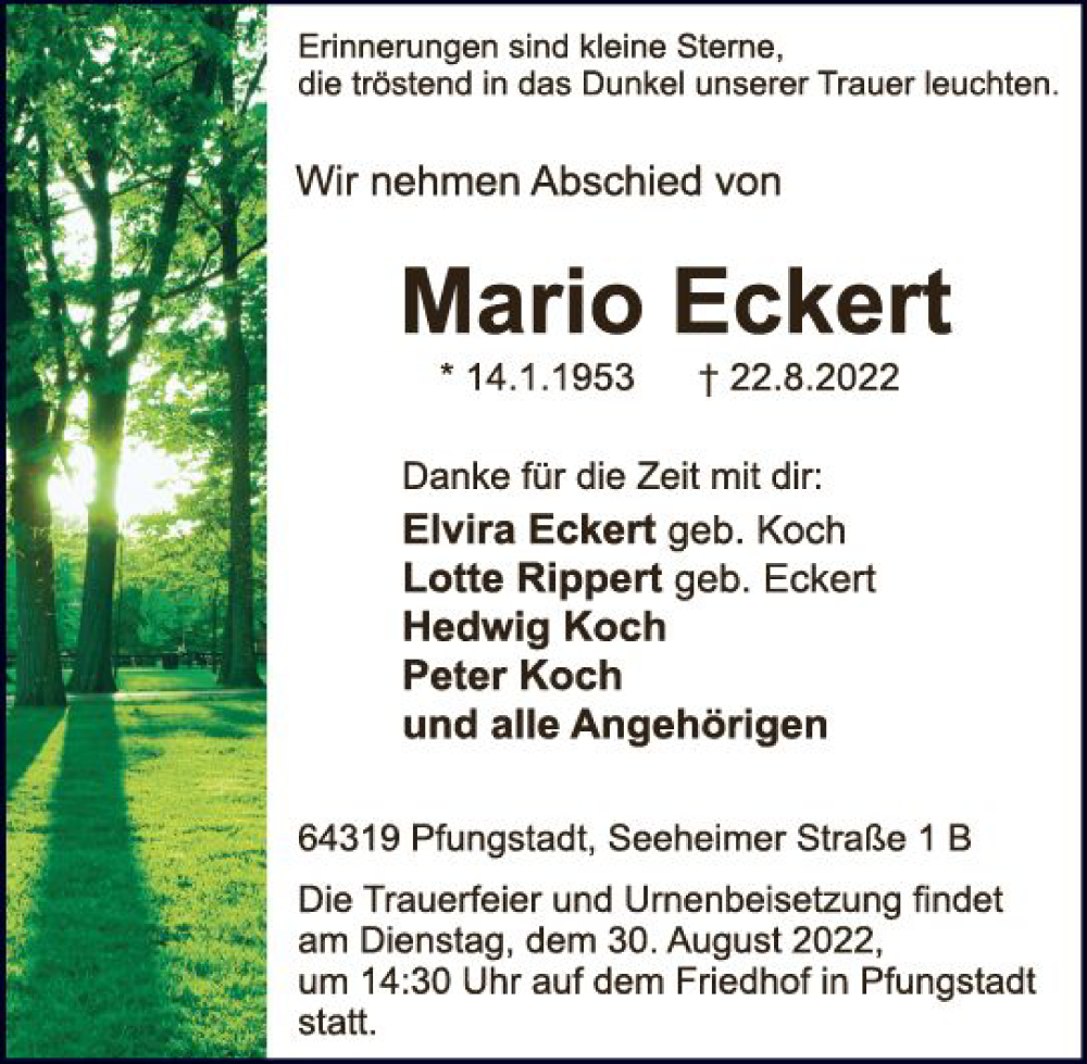  Traueranzeige für Mario Eckert vom 27.08.2022 aus vrm-trauer Darmstädter Echo