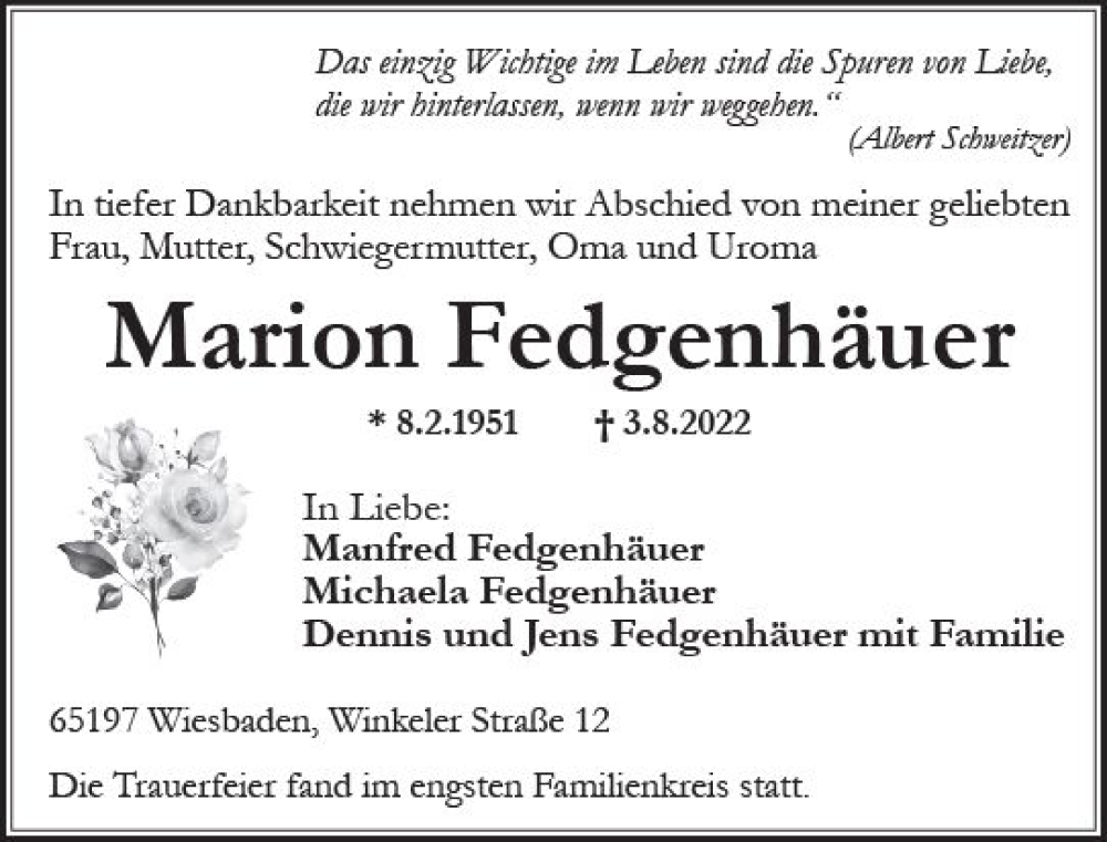  Traueranzeige für Marion Fedgenhäuer vom 27.08.2022 aus vrm-trauer Wiesbadener Kurier