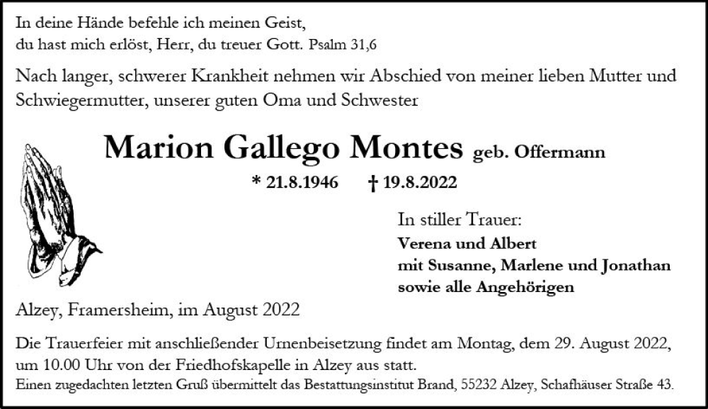  Traueranzeige für Marion Gallego Montes vom 27.08.2022 aus vrm-trauer AZ Mainz