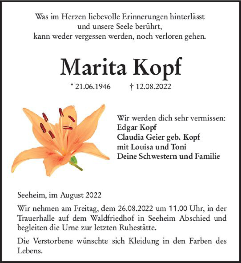  Traueranzeige für Marita Kopf vom 20.08.2022 aus vrm-trauer Darmstädter Echo