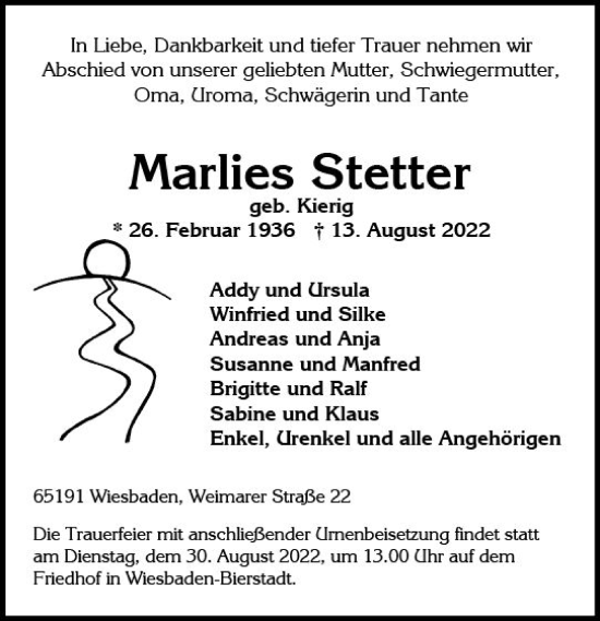 Traueranzeige von Marlies Stetter von vrm-trauer Wiesbadener Kurier