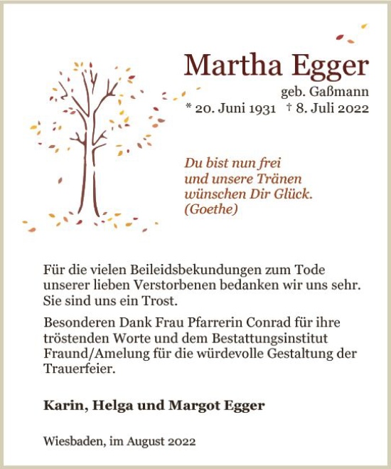 Traueranzeige von Martha Egger von vrm-trauer Wiesbadener Kurier