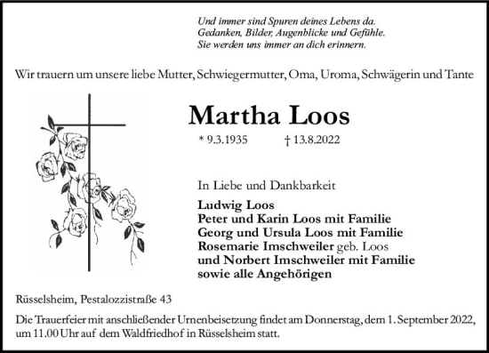 Traueranzeige von Martha Loos von vrm-trauer Rüsselsheimer Echo / MainSpitze