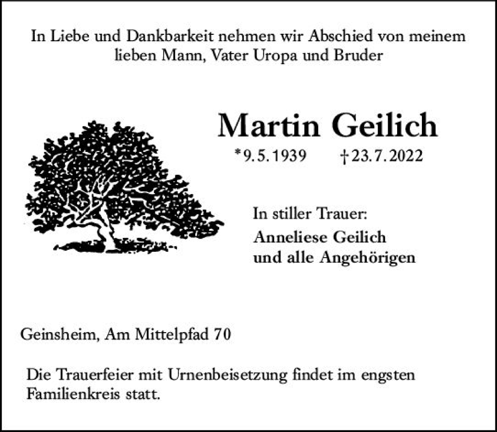  Traueranzeige für Martin Geilich vom 05.08.2022 aus vrm-trauer Rüsselsheimer Echo / MainSpitze