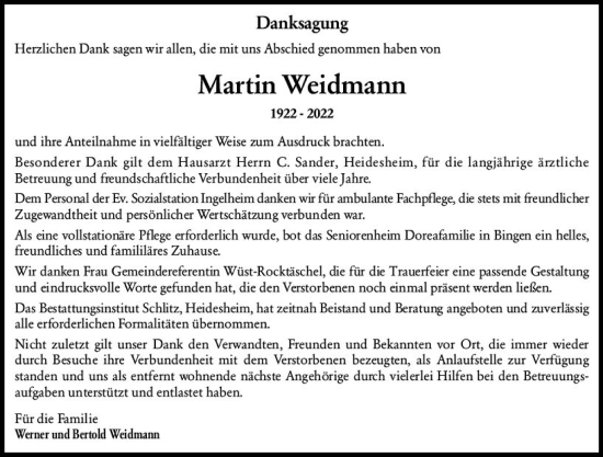 Traueranzeige von Martin Weidmann von vrm-trauer Allgemeine  Zeitung Ingelheim-Bingen