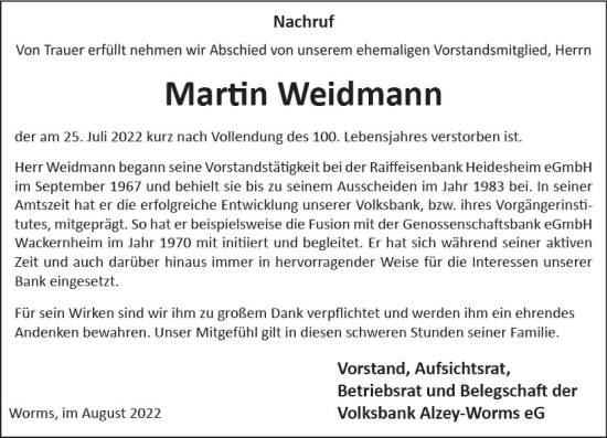 Traueranzeige von Martin Weidmann von vrm-trauer Allgemeine  Zeitung Ingelheim-Bingen