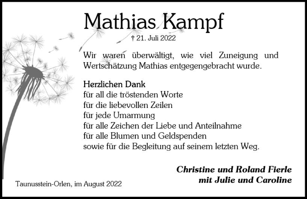  Traueranzeige für Mathias Kampf vom 20.08.2022 aus vrm-trauer Wiesbadener Kurier