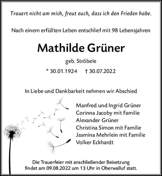 Traueranzeige von Mathilde Grüner von vrm-trauer Wiesbadener Kurier