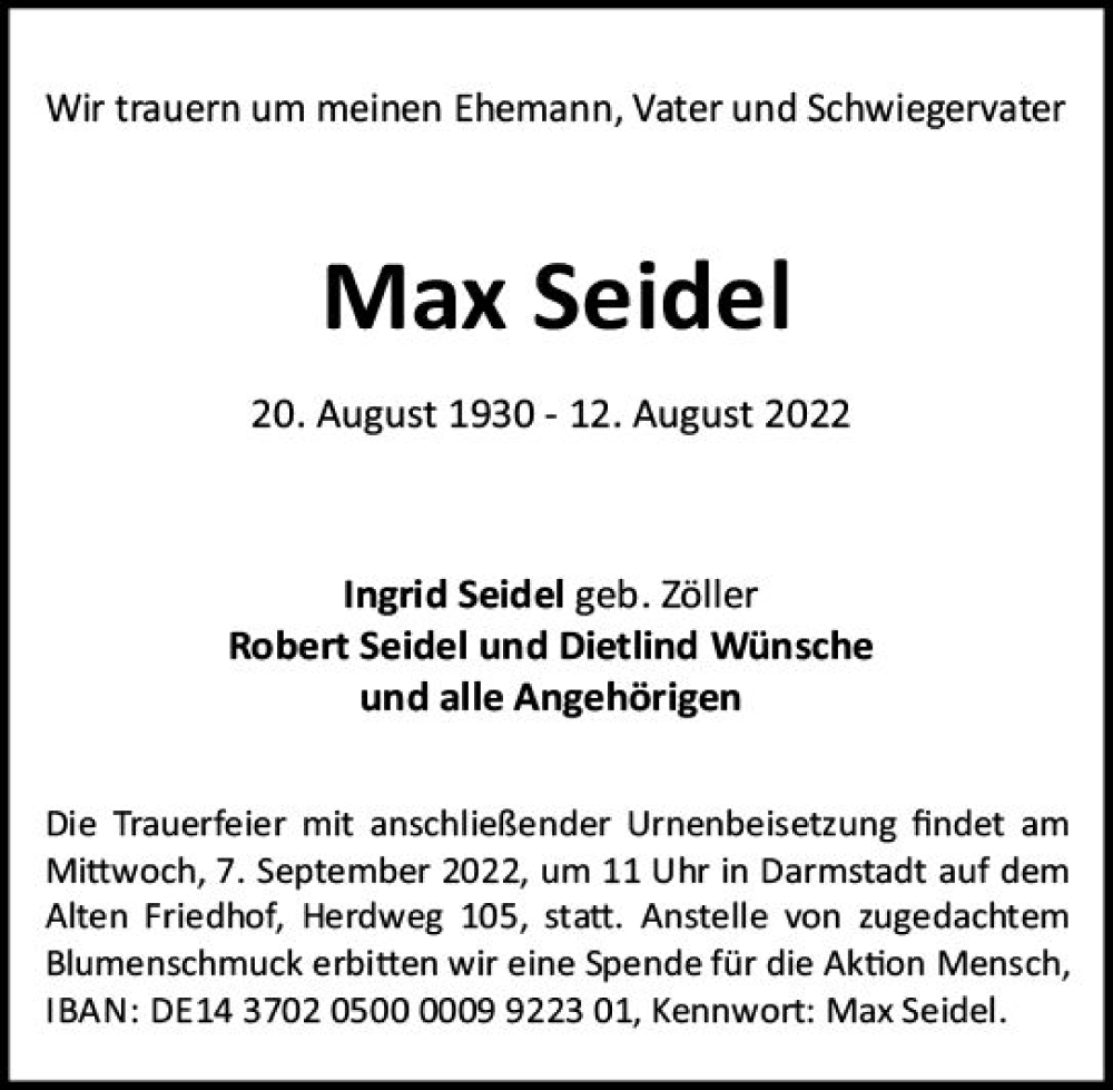  Traueranzeige für Max Seidel vom 20.08.2022 aus vrm-trauer Darmstädter Echo