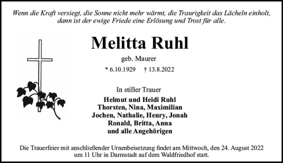 Traueranzeige von Melitta Ruhl von vrm-trauer Darmstädter Echo
