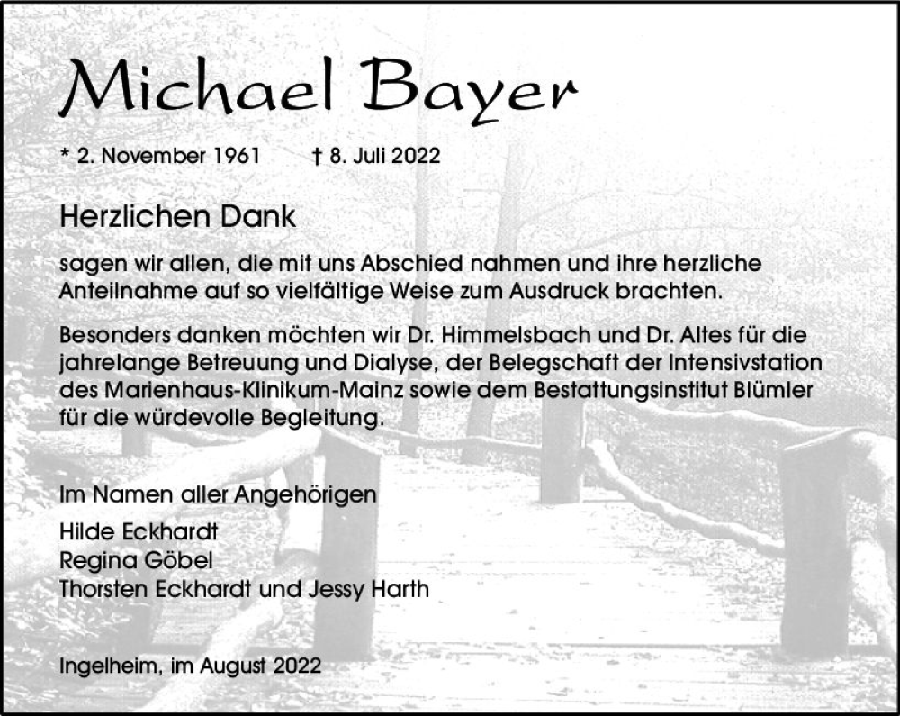  Traueranzeige für Michael Bayer vom 13.08.2022 aus vrm-trauer Allgemeine  Zeitung Ingelheim-Bingen