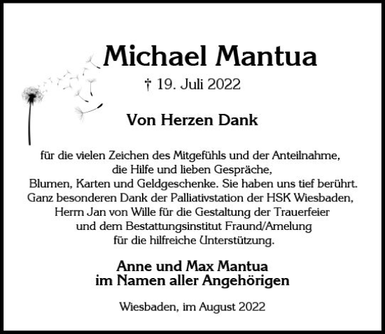 Traueranzeige von Michael Mantua von vrm-trauer Wiesbadener Kurier