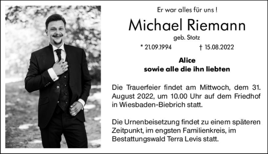 Traueranzeige von Michael Riemann von vrm-trauer Wiesbadener Kurier