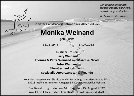 Traueranzeige von Monika Weinand von vrm-trauer Allgemeine  Zeitung Ingelheim-Bingen