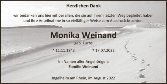 Traueranzeige von Monika Weinand von vrm-trauer Allgemeine  Zeitung Ingelheim-Bingen