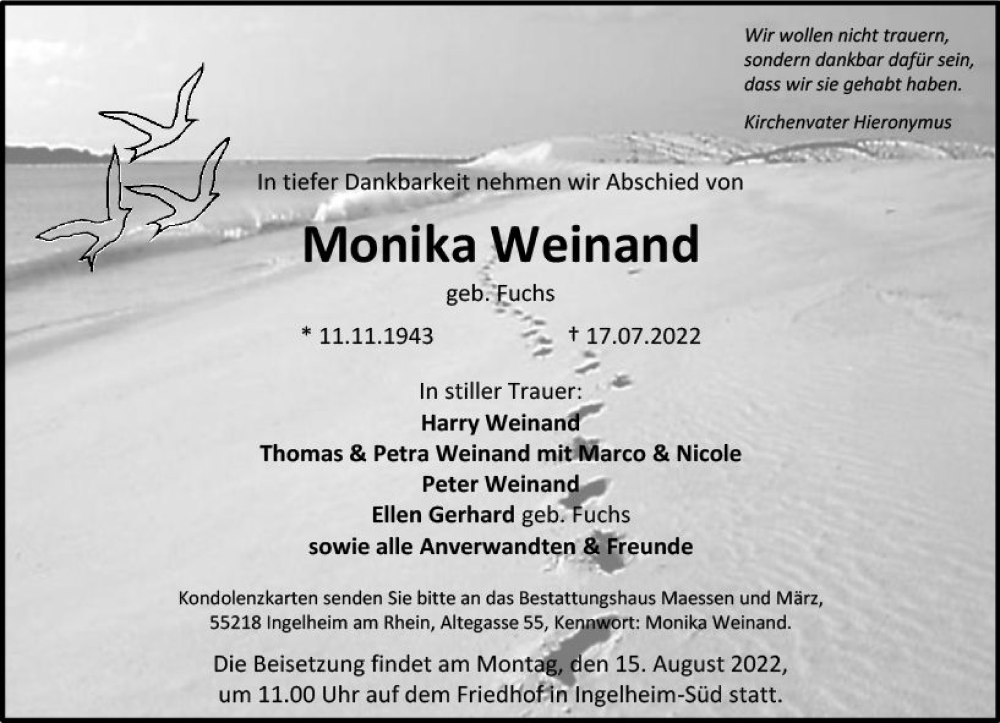  Traueranzeige für Monika Weinand vom 06.08.2022 aus vrm-trauer Allgemeine  Zeitung Ingelheim-Bingen