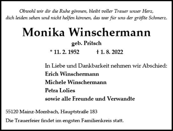 Traueranzeige von Monika Winschermann von vrm-trauer AZ Mainz