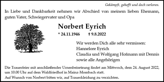 Traueranzeige von Norbert Eyrich von vrm-trauer AZ Mainz