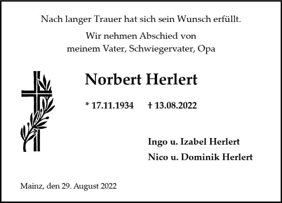 Traueranzeige von Norbert Herlert von vrm-trauer AZ Mainz