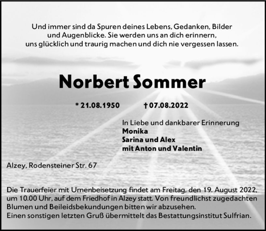Traueranzeige von Norbert Sommer von vrm-trauer Allgemeine Zeitung Alzey