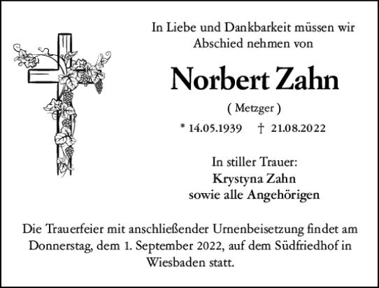 Traueranzeige von Norbert Zahn von vrm-trauer Wiesbadener Kurier