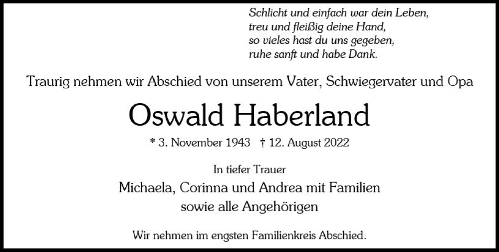  Traueranzeige für Oswald Haberland vom 20.08.2022 aus vrm-trauer Wiesbadener Kurier