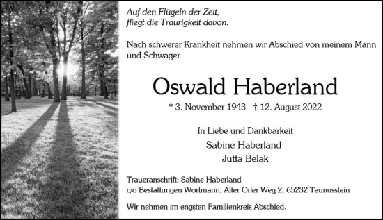 Traueranzeige von Oswald Haberland von vrm-trauer Wiesbadener Kurier