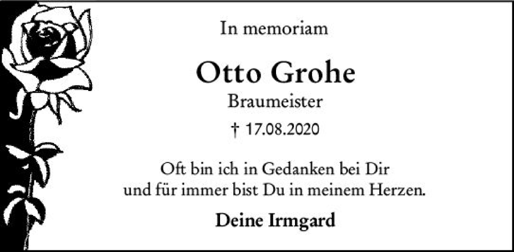  Traueranzeige für Otto Grohe vom 17.08.2022 aus vrm-trauer Darmstädter Echo