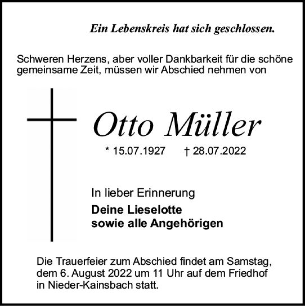  Traueranzeige für Otto Müller vom 03.08.2022 aus vrm-trauer Odenwälder Echo