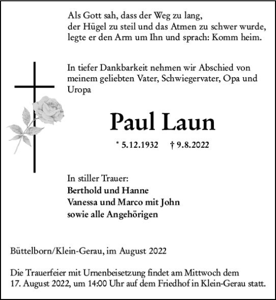 Traueranzeige von Paul Laun von vrm-trauer Groß-Gerauer Echo