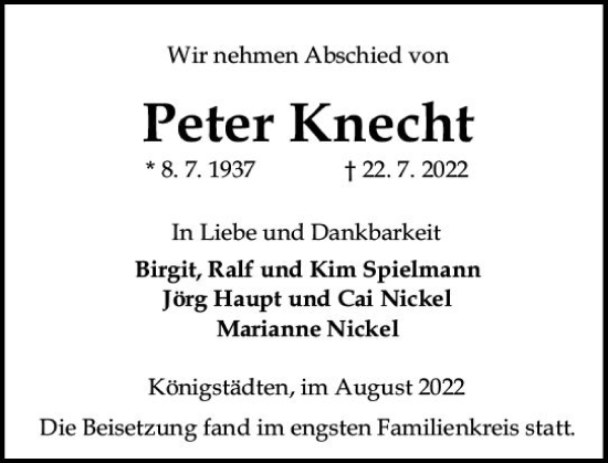 Traueranzeige von Peter Knecht von vrm-trauer Rüsselsheimer Echo / MainSpitze