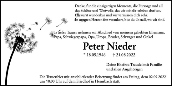 Traueranzeige von Peter Nieder von vrm-trauer Darmstädter Echo