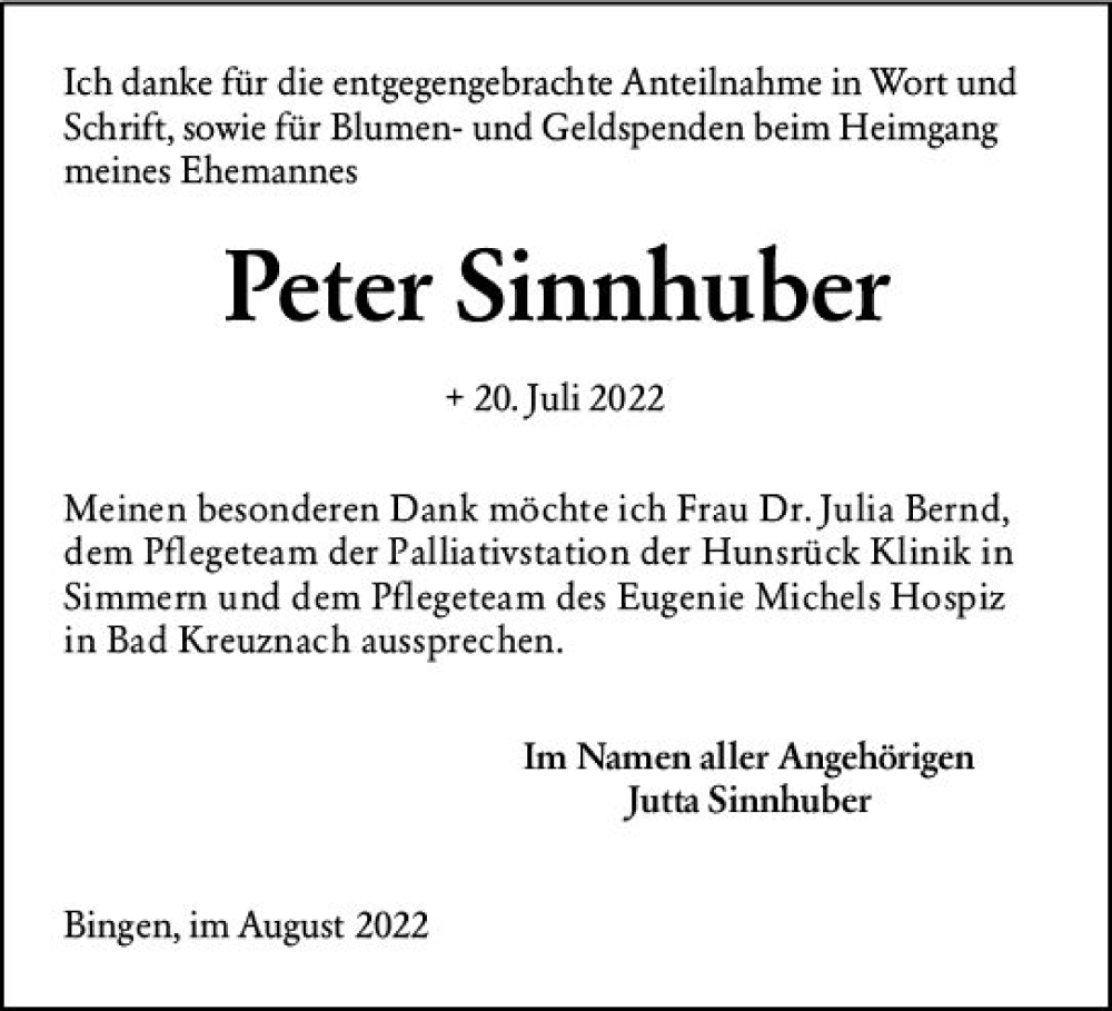 Traueranzeige für Peter Sinnhuber vom 27.08.2022 aus vrm-trauer Allgemeine  Zeitung Ingelheim-Bingen