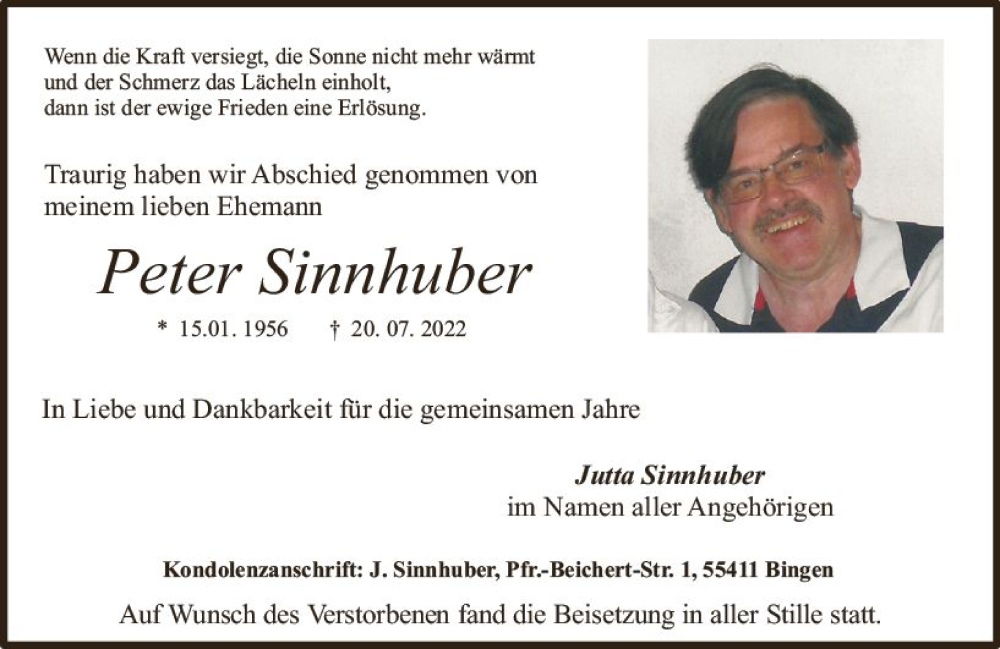  Traueranzeige für Peter Sinnhuber vom 06.08.2022 aus vrm-trauer Allgemeine  Zeitung Ingelheim-Bingen