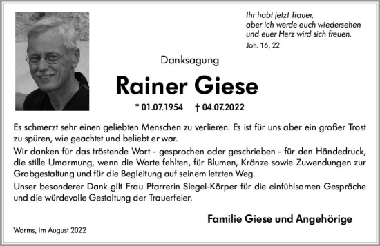Traueranzeige von Rainer Giese von vrm-trauer Wormser Zeitung