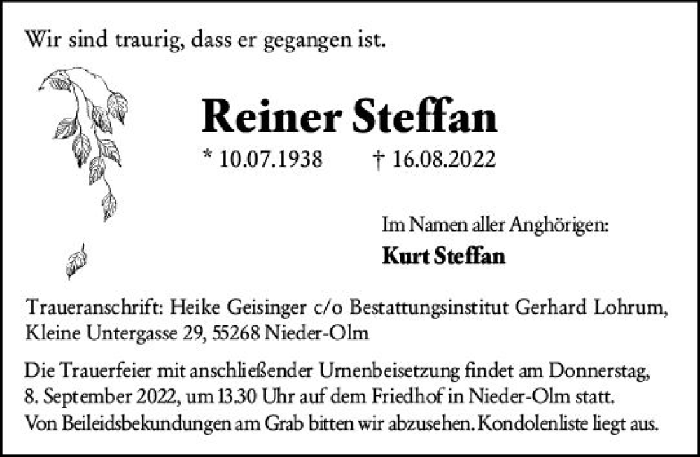  Traueranzeige für Rainer Steffan vom 27.08.2022 aus vrm-trauer AZ Mainz