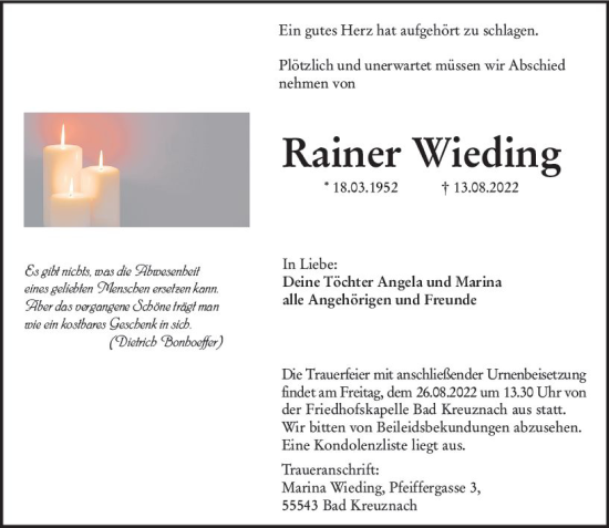 Traueranzeige von Rainer Wieding von vrm-trauer Allg. Zeitung Bad Kreuznach