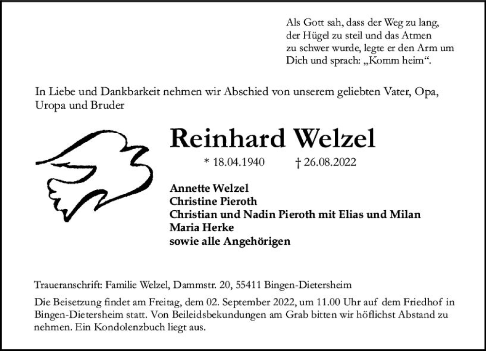  Traueranzeige für Reinhard Welzel vom 30.08.2022 aus vrm-trauer Allgemeine  Zeitung Ingelheim-Bingen