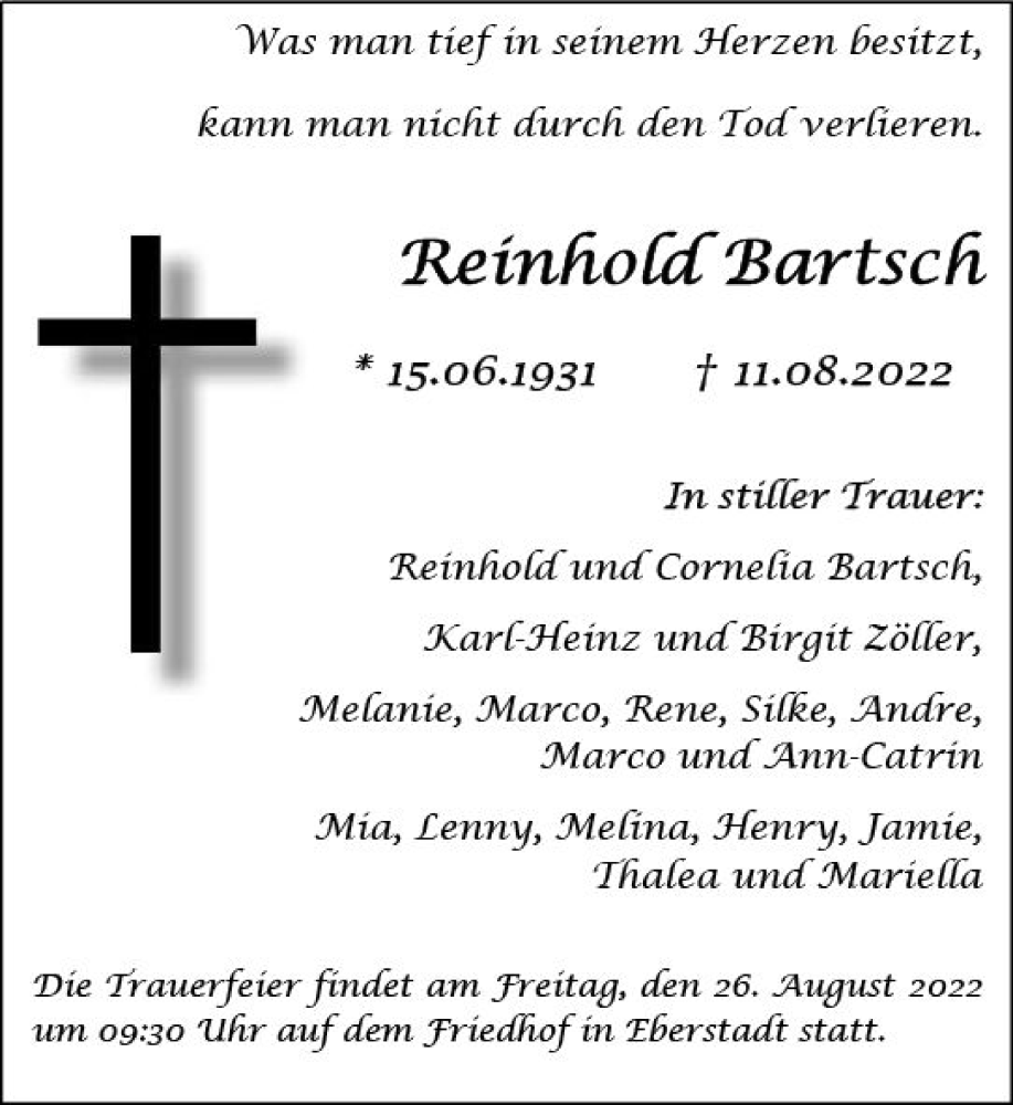  Traueranzeige für Reinhold Bartsch vom 20.08.2022 aus vrm-trauer Darmstädter Echo