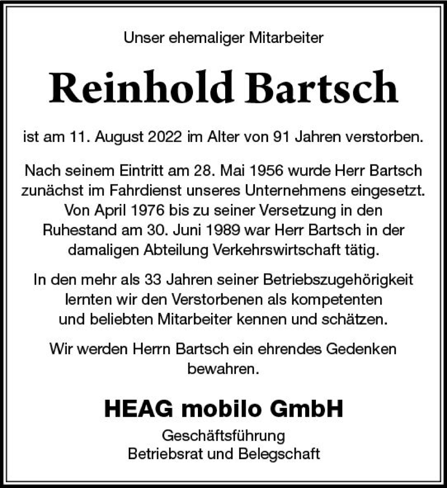  Traueranzeige für Reinhold Bartsch vom 31.08.2022 aus vrm-trauer Darmstädter Echo