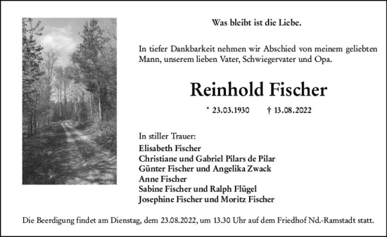 Traueranzeige von Reinhold Fischer von vrm-trauer Darmstädter Echo