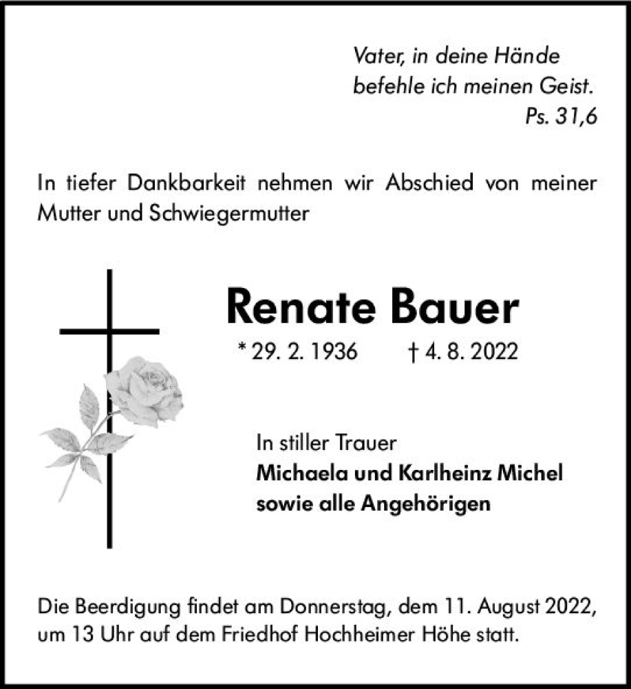  Traueranzeige für Renate Bauer vom 08.08.2022 aus vrm-trauer Wormser Zeitung